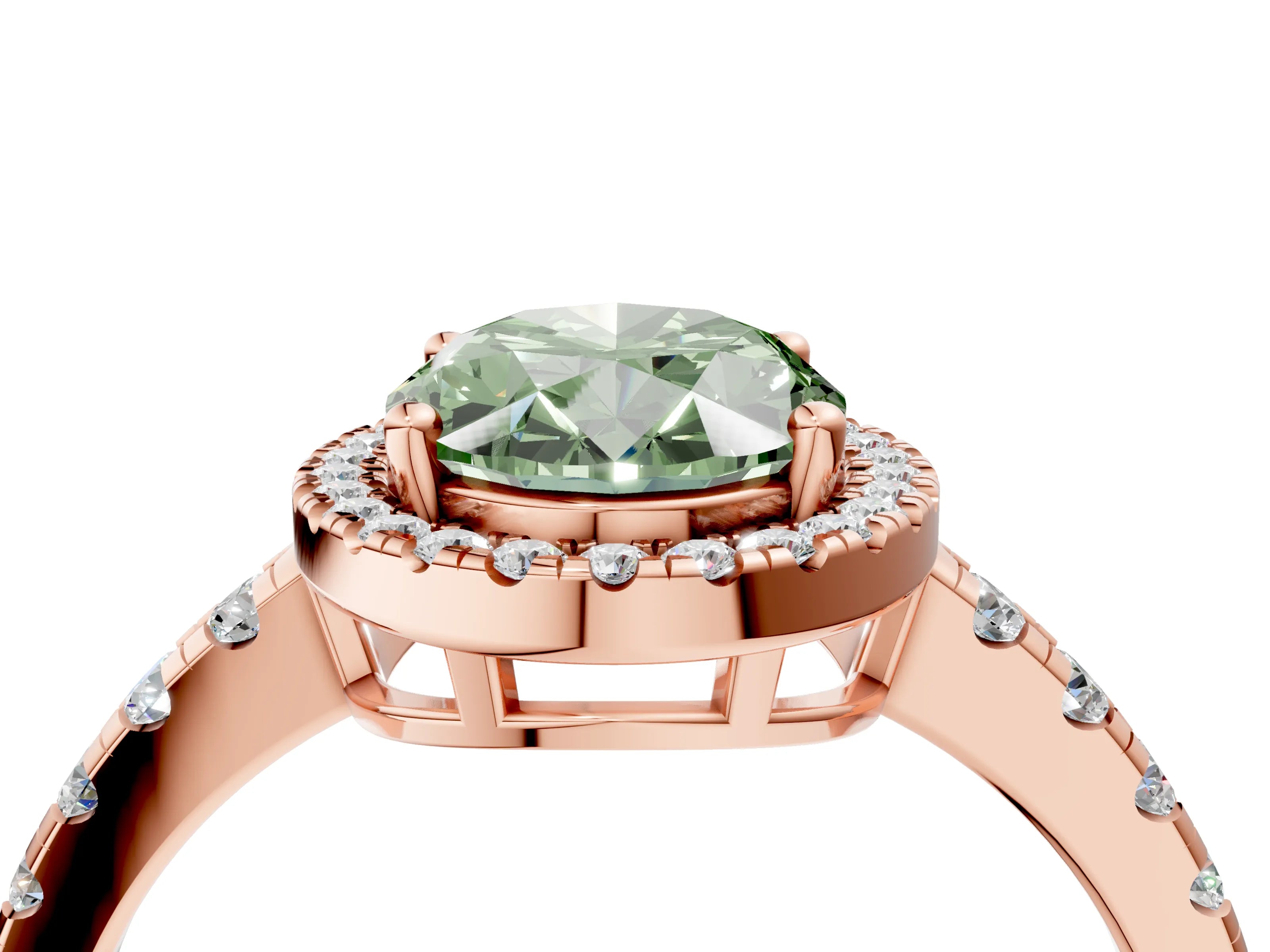 Rose gold Fancy Green Oval Cut Diamond Halo Ring with Pavé Band and Four-Prong Setting_4