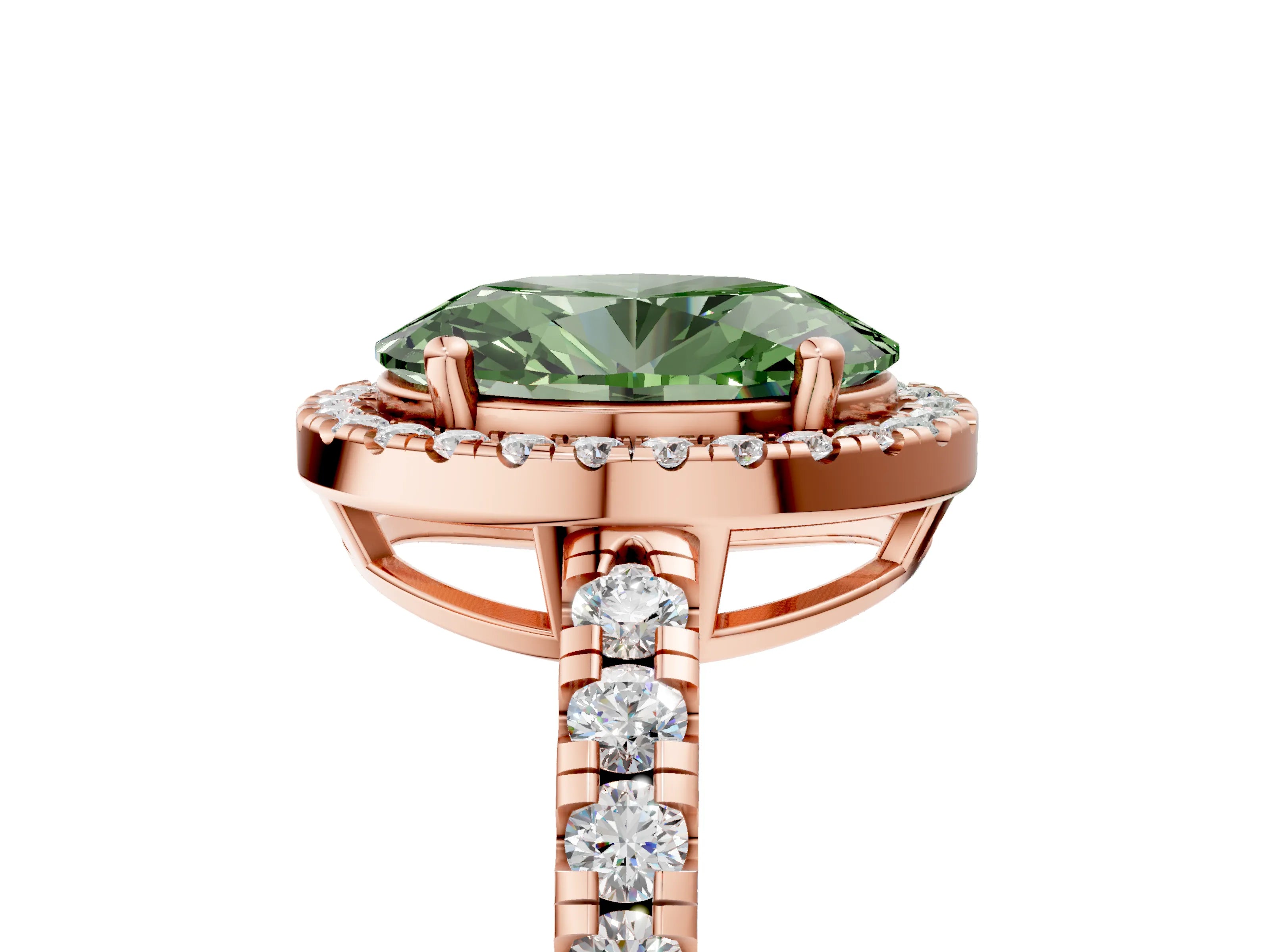 Rose gold Fancy Green Oval Cut Diamond Halo Ring with Pavé Band and Four-Prong Setting_5