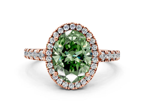 Rose gold Fancy Green Oval Cut Diamond Halo Ring with Pavé Band and Four-Prong Setting