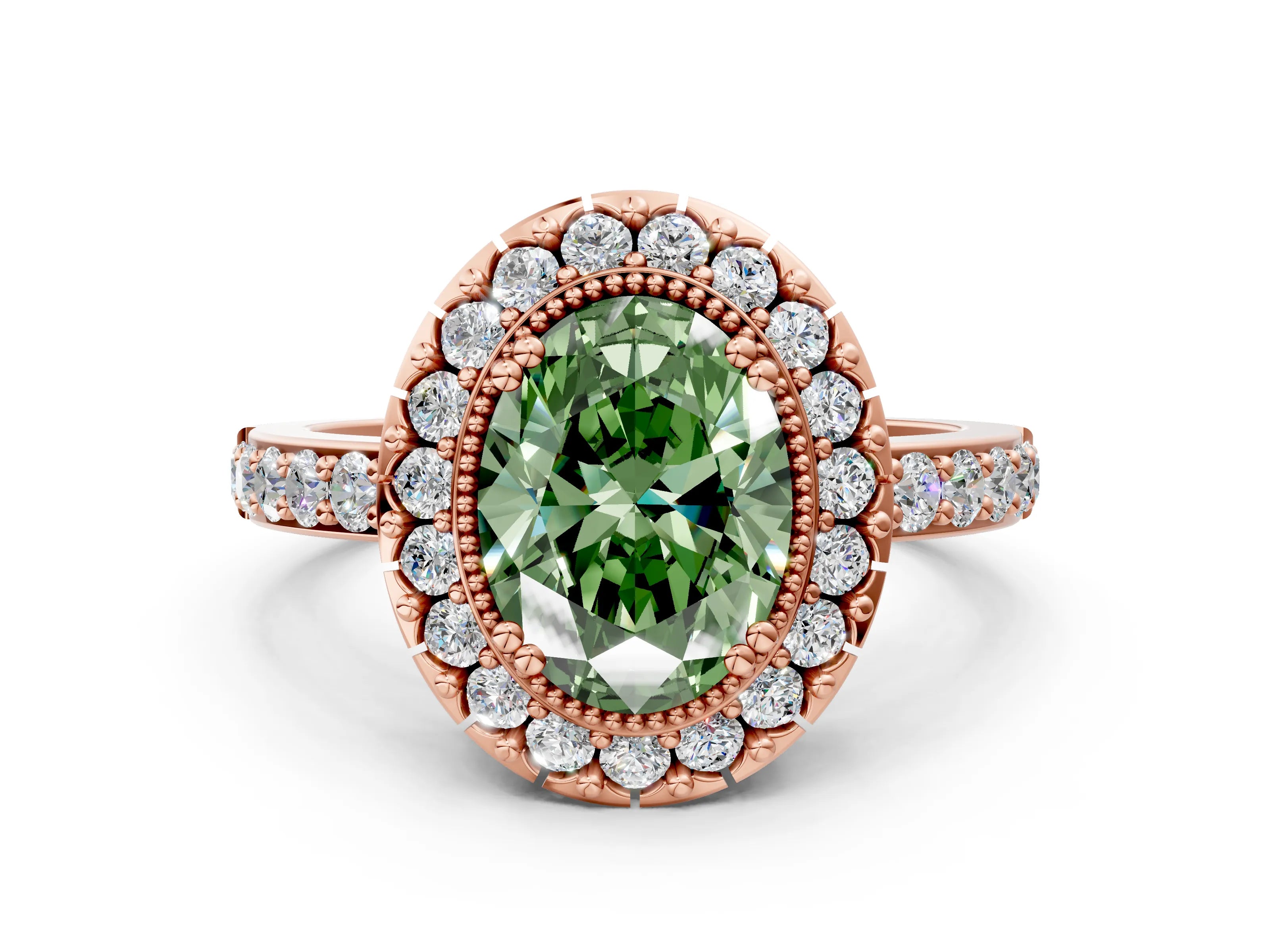 Rose gold Fancy Green Oval Cut Diamond Halo Ring with Pavé Band and Prong Setting