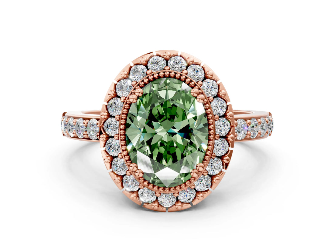 Rose gold Fancy Green Oval Cut Diamond Halo Ring with Pavé Band and Prong Setting
