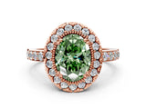 Rose gold Fancy Green Oval Cut Diamond Halo Ring with Pavé Band and Prong Setting