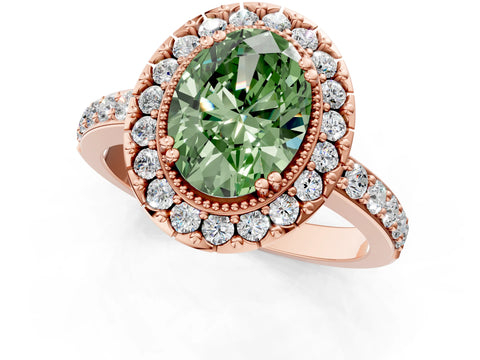 Rose gold Fancy Green Oval Cut Diamond Halo Ring with Pavé Band and Prong Setting_1