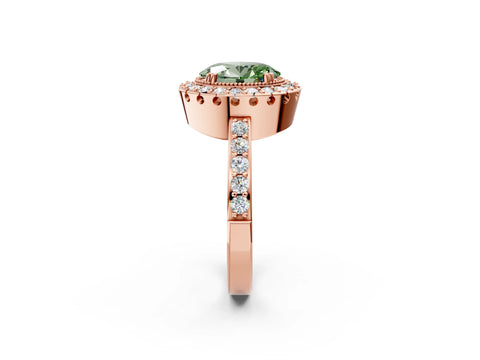 Rose gold Fancy Green Oval Cut Diamond Halo Ring with Pavé Band and Prong Setting_2
