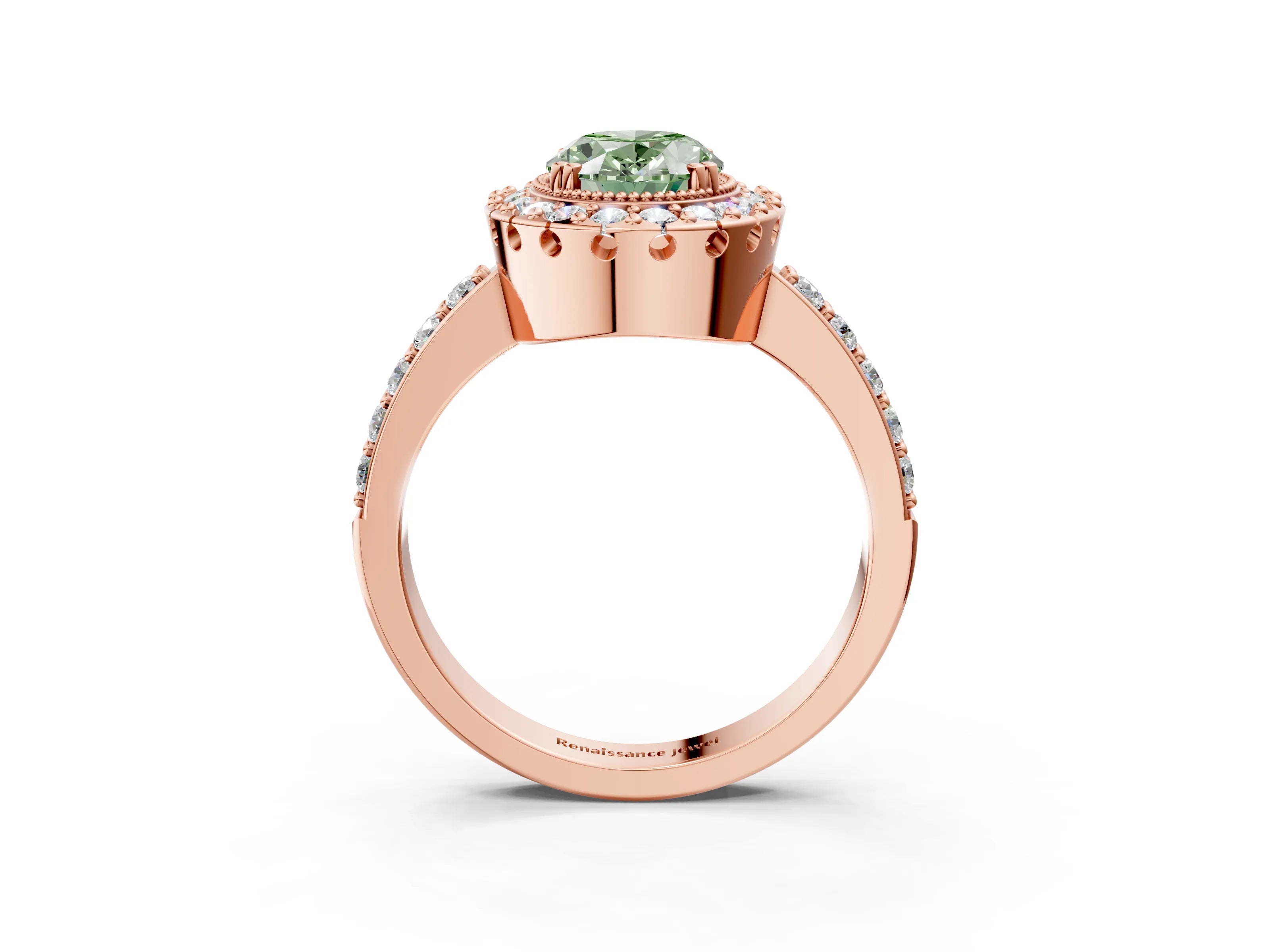 Rose gold Fancy Green Oval Cut Diamond Halo Ring with Pavé Band and Prong Setting_3