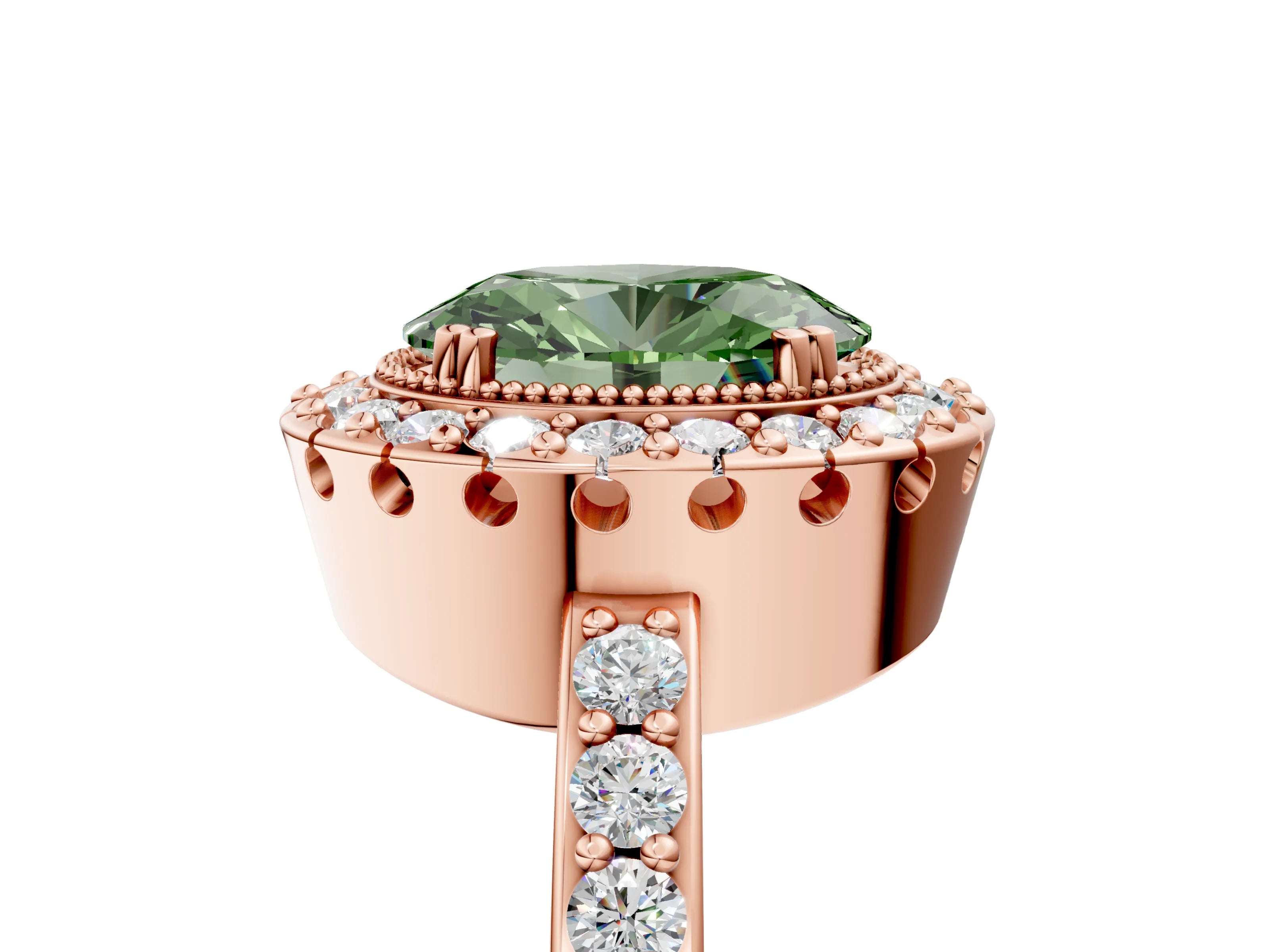 Rose gold Fancy Green Oval Cut Diamond Halo Ring with Pavé Band and Prong Setting_5