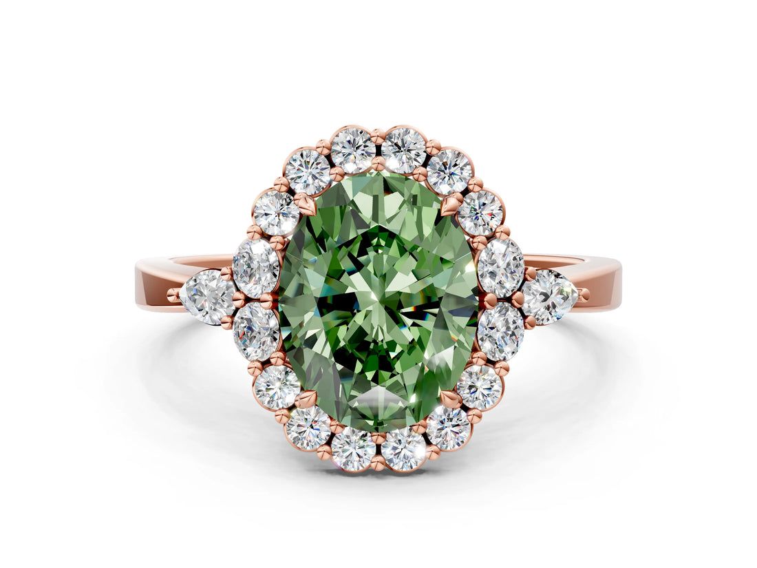 Rose gold Fancy Green Oval Cut Diamond Halo Ring with Pear Side Stones and Prong Setting_71