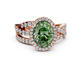 Rose gold Fancy Green Oval Cut Diamond Halo Ring with Round Split Shank and Prong Setting_48