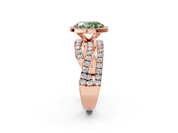Rose Gold Oval Halo Engagement Ring Setting for Fancy Green Center with Twisted Pave Split Shank