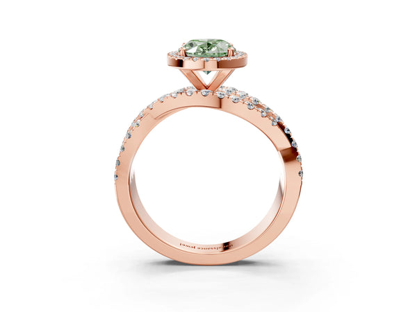 Rose Gold Oval Halo Engagement Ring Setting for Fancy Green Center with Twisted Pave Split Shank