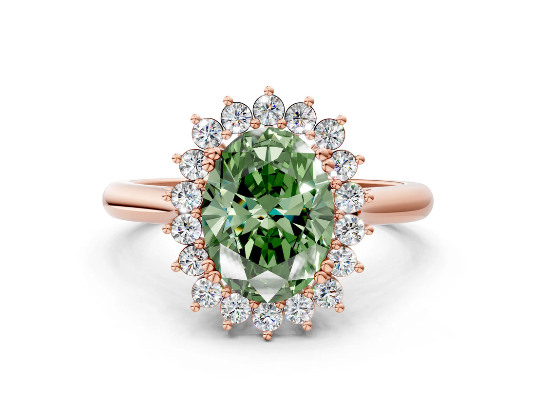Rose gold Fancy Green Oval  Cut Diamond Halo Ring with Solitaire Band and Prong Setting_53