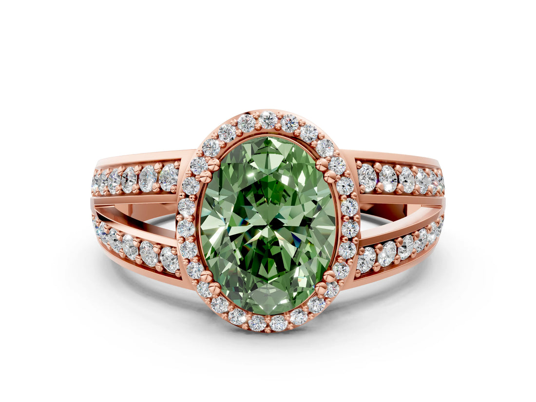 Rose gold Fancy Green Oval Cut Diamond Halo Ring with Split Shank Pavé Band and Four-Prong Setting