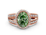 Rose gold Fancy Green Oval Cut Diamond Halo Ring with Split Shank Pavé Band and Four-Prong Setting