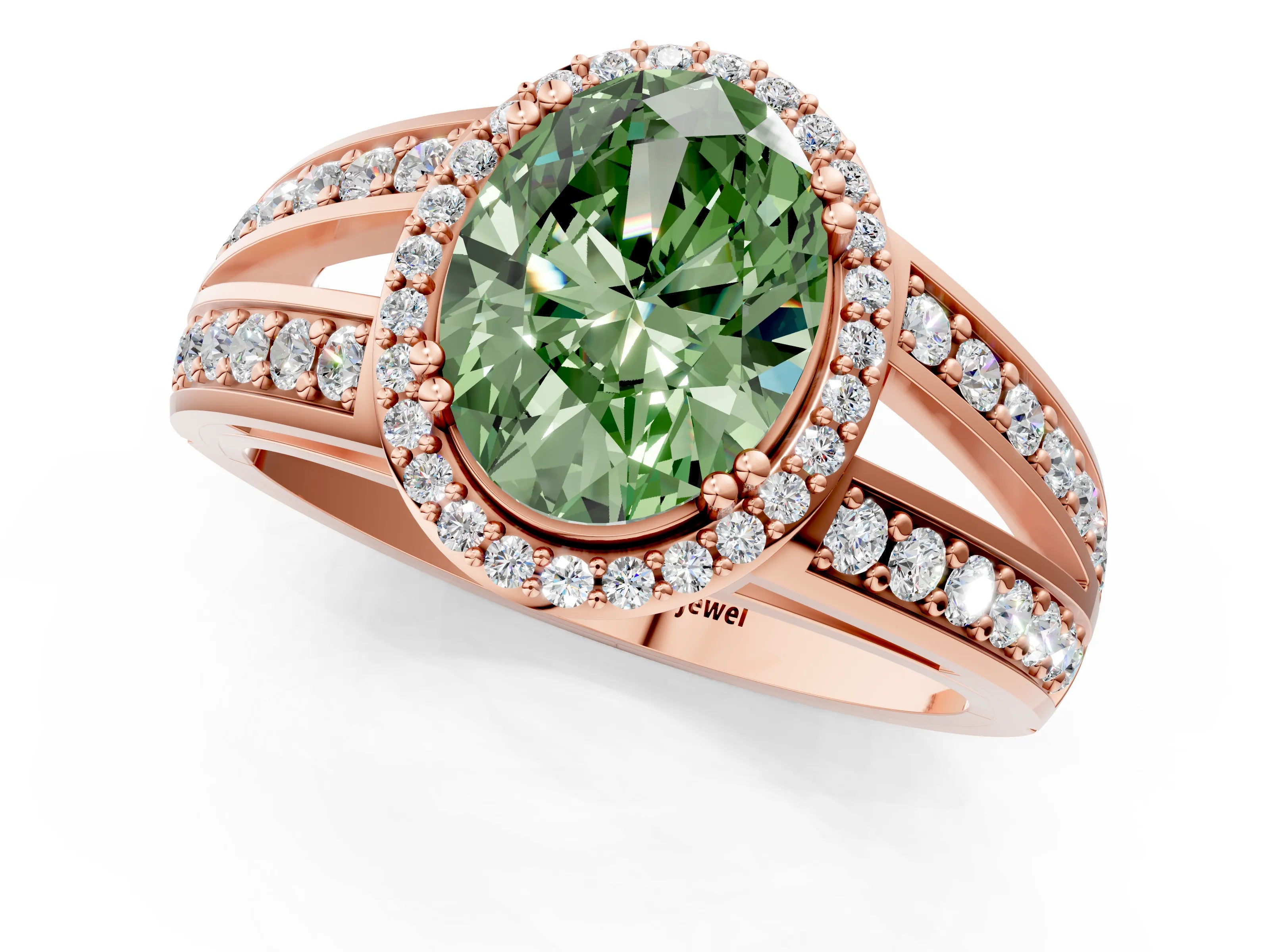 Rose gold Fancy Green Oval Cut Diamond Halo Ring with Split Shank Pavé Band and Four-Prong Setting_1