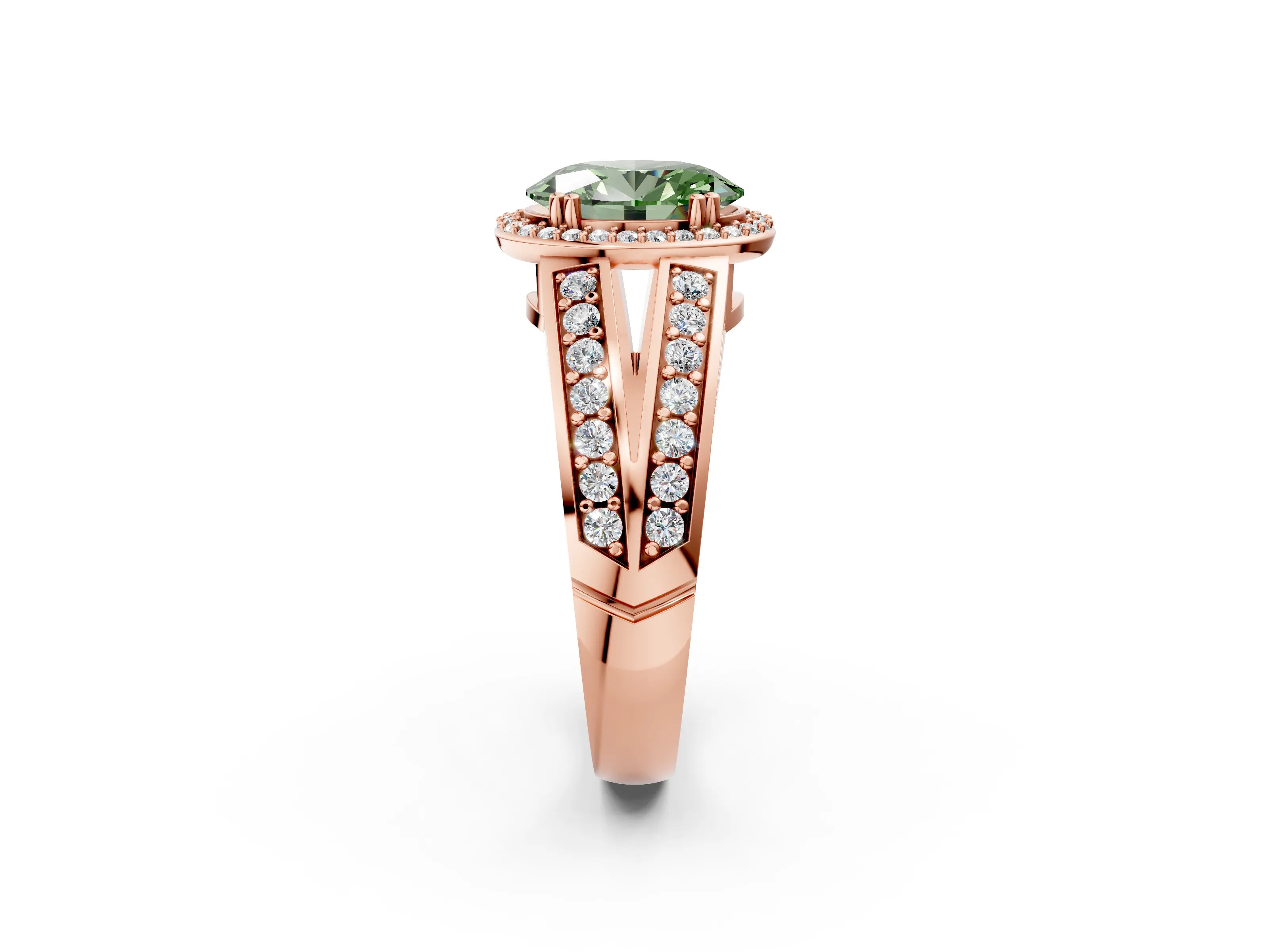 Rose gold Fancy Green Oval Cut Diamond Halo Ring with Split Shank Pavé Band and Four-Prong Setting_2