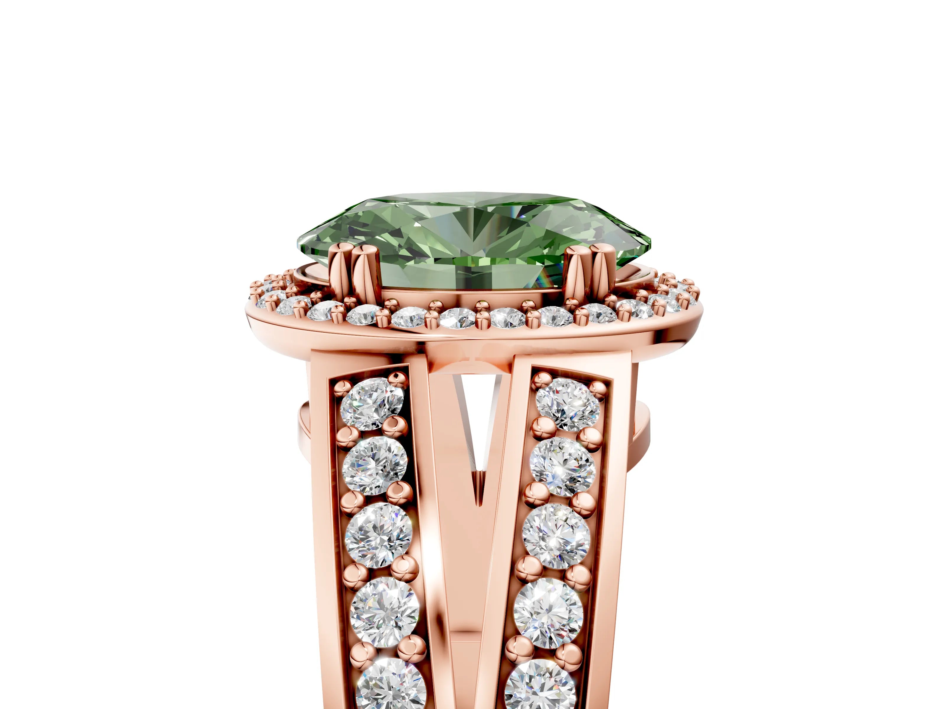 Rose gold Fancy Green Oval Cut Diamond Halo Ring with Split Shank Pavé Band and Four-Prong Setting_5
