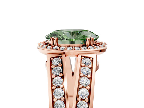 Rose gold Fancy Green Oval Cut Diamond Halo Ring with Split Shank Pavé Band and Four-Prong Setting_5