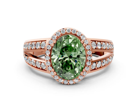 Rose gold Fancy Green Oval Cut Diamond Halo Ring with Split Shank Pavé Band and Four-Prong Setting