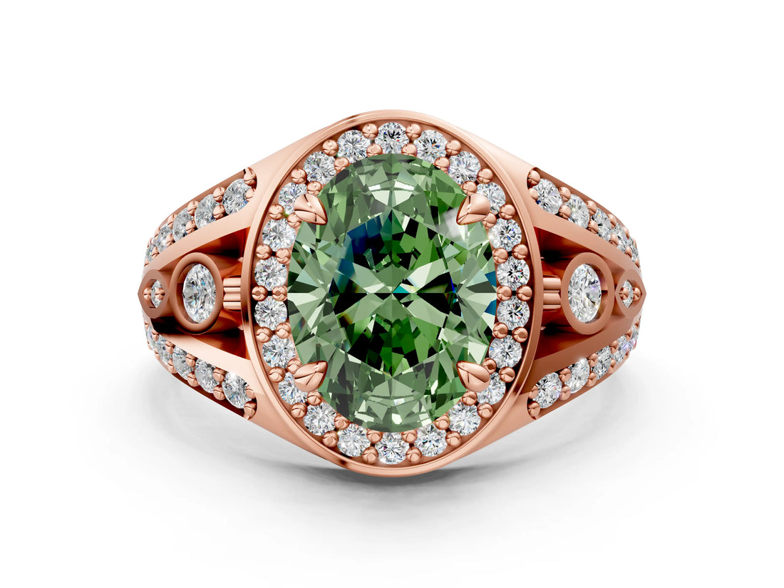 Rose gold Fancy Green Oval Cut Diamond Halo Ring with Split Shank and Bezel Accents and Four-Prong Setting