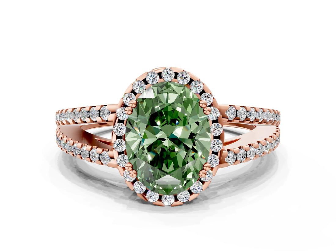 Rose gold Fancy Green Oval Cut Diamond Halo Split Shank Engagement Ring_61