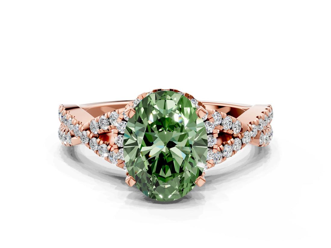 Rose gold Fancy Green Oval Cut Diamond  Halo Twist Band Solitaire Prong Setting Ring_42