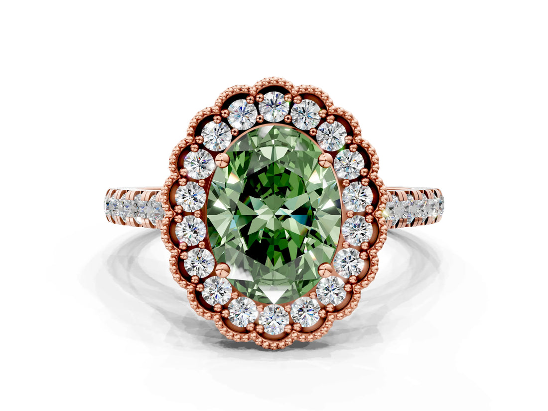 Rose gold Fancy Green Oval  Cut Diamond Milgrain Floral Halo Engagement Ring with Pavé Band_15