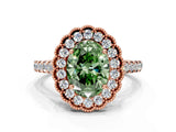 Rose gold Fancy Green Oval  Cut Diamond Milgrain Floral Halo Engagement Ring with Pavé Band_15