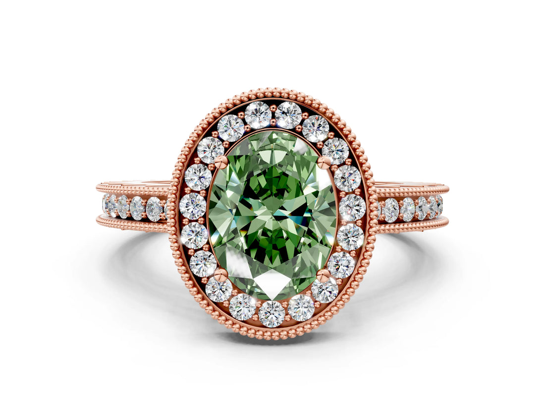 Rose gold Fancy Green Oval Cut Diamond Milgrain Halo Engagement Ring with Round Pavé Band and Prong Setting_12