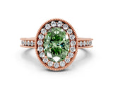 Rose gold Fancy Green Oval Cut Diamond Milgrain Halo Engagement Ring with Round Pavé Band and Prong Setting_12
