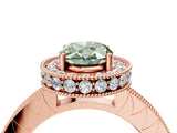 Rose gold Fancy Green Oval Cut Diamond Milgrain Halo Engagement Ring with Round Pavé Band and Prong Setting_16