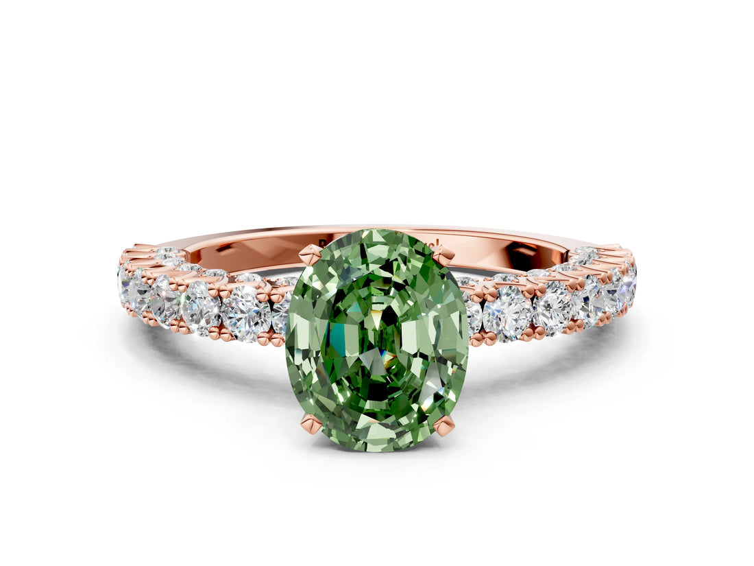 Rose gold Fancy Green Oval Cut Diamond Pavé Band Solitaire Ring with Prong Setting_45