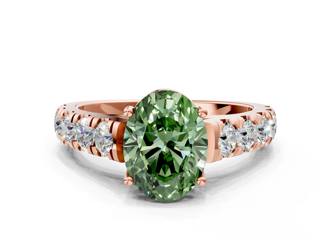 Rose gold Fancy Green Oval  Cut Diamond Pavé Band Solitaire with Four-Prong Setting_3