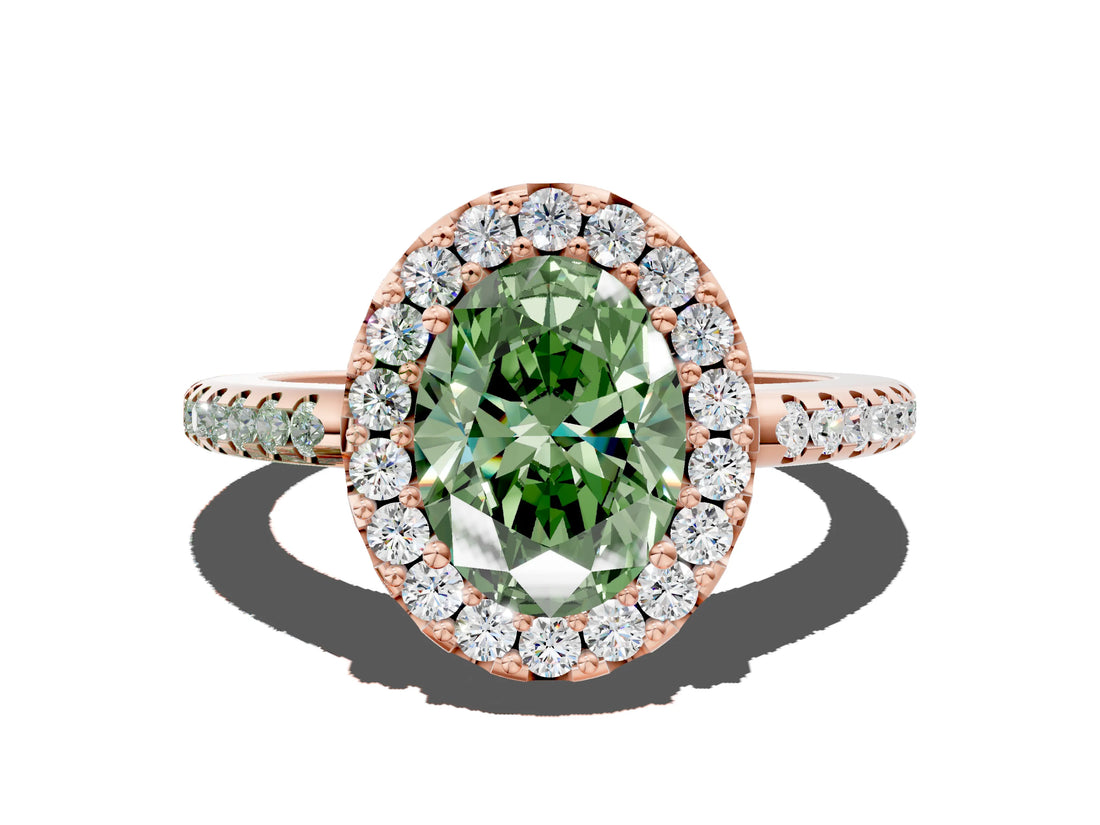 Rose gold Fancy Green Oval Cut Diamond Pavé Halo Ring with Four-Prong Setting_35