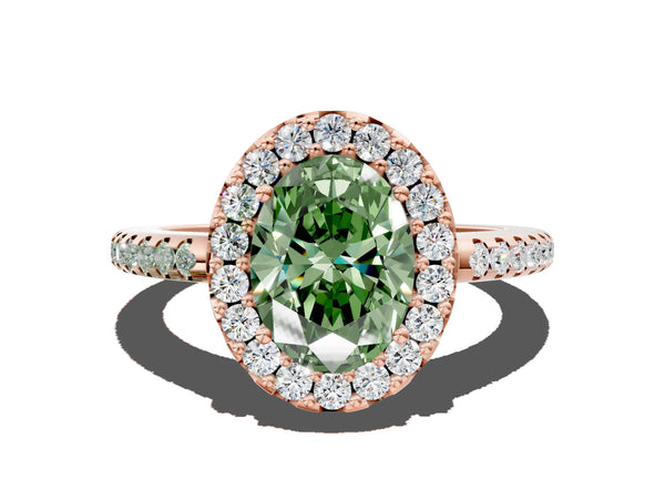 Rose gold Fancy Green Oval Cut Diamond Pavé Halo Ring with Four-Prong Setting
