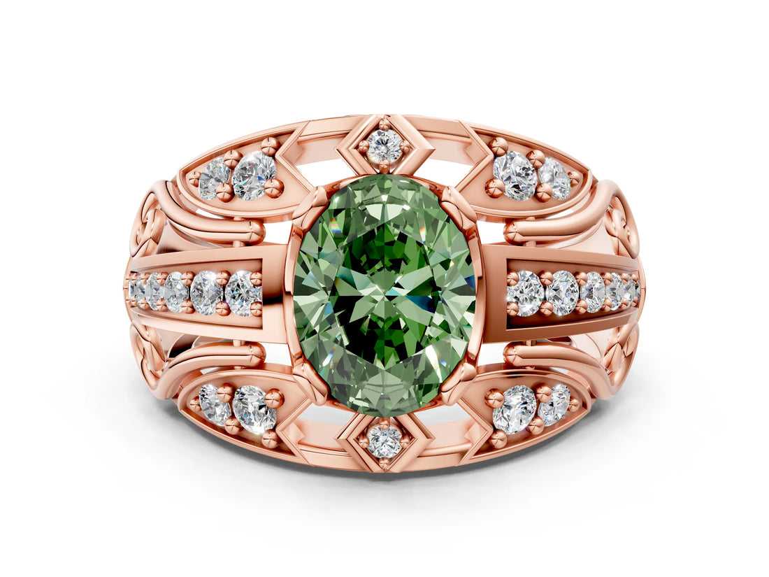 Rose gold Fancy Green Oval Cut Diamond Pave Art Deco Split Shank Ring with Four-Prong Setting