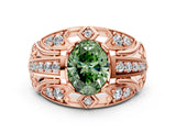 Rose gold Fancy Green Oval Cut Diamond Pave Art Deco Split Shank Ring with Four-Prong Setting