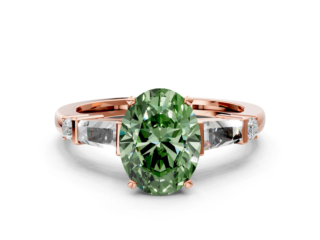 Rose gold Fancy Green Oval  Cut Diamond Ring with Baguette Side Stones, Channel Set Band, and Four-Prong Setting_24