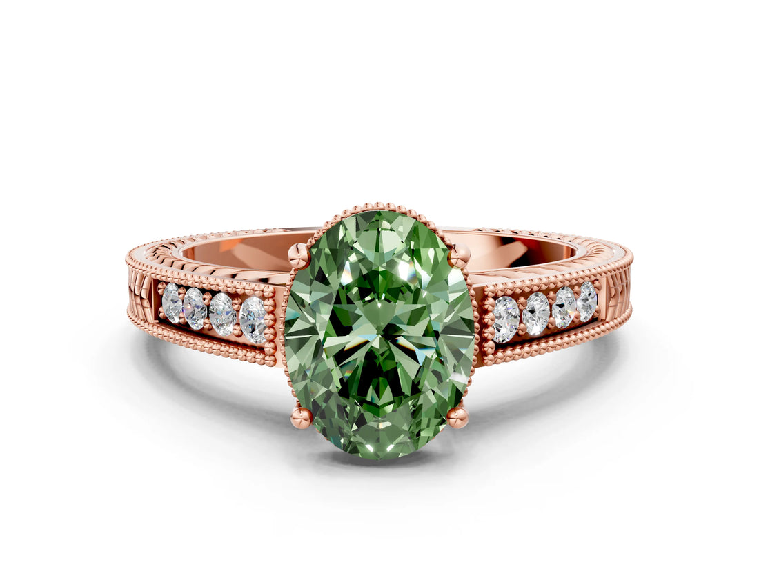 Rose gold Fancy Green Oval Cut Diamond Ring with Milgrain Pavé Band and Four-Prong Setting_20