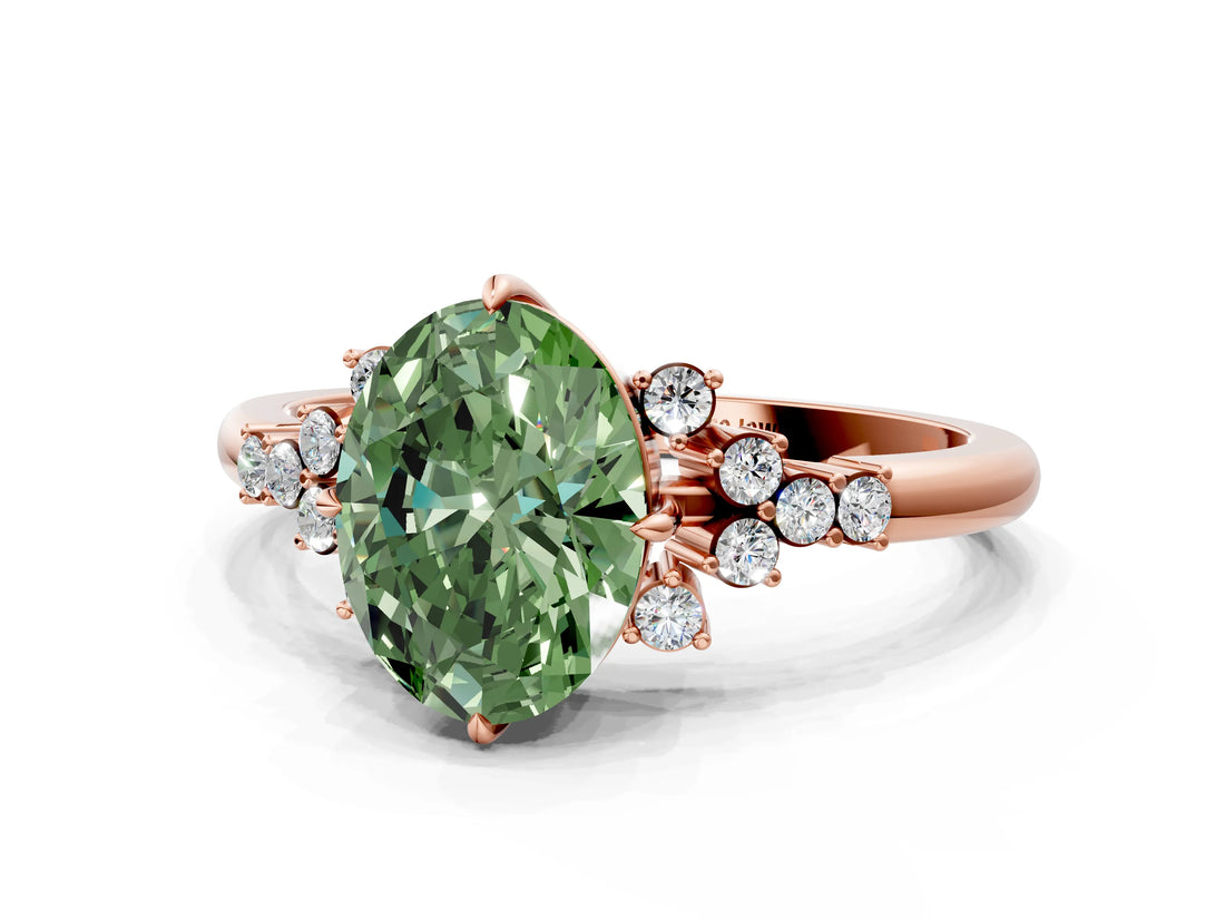 Rose gold Fancy Green Oval Cut Diamond Ring with Side Stones and Four-Prong Setting_167