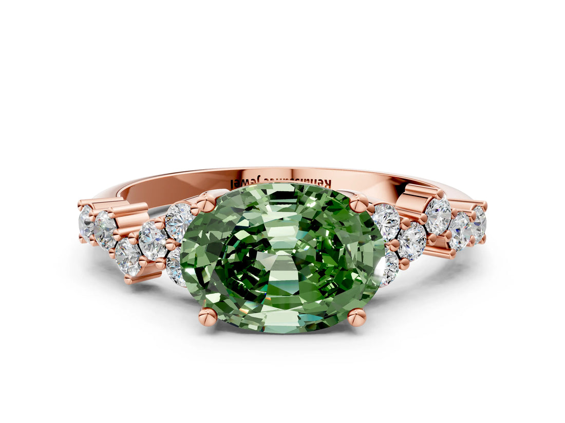 Rose gold Fancy Green Oval Cut Diamond Scattered Round Accent Ring with Prong Setting_12