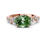 Rose gold Fancy Green Oval Cut Diamond Scattered Round Accent Ring with Prong Setting_12