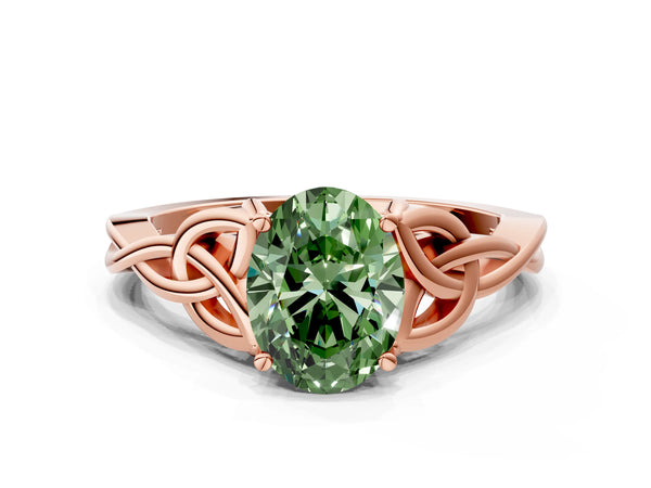 Rose gold Fancy Green Oval Cut Diamond Solitaire Celtic Knot Ring with Four-Prong Setting