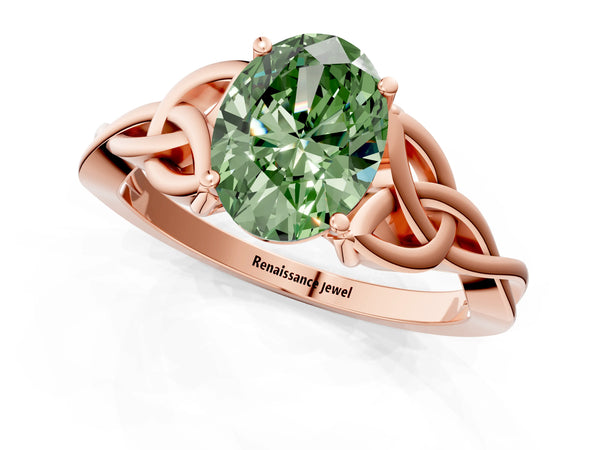 Rose gold Fancy Green Oval Cut Diamond Solitaire Celtic Knot Ring with Four-Prong Setting