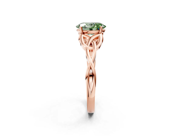 Rose gold Fancy Green Oval Cut Diamond Solitaire Celtic Knot Ring with Four-Prong Setting