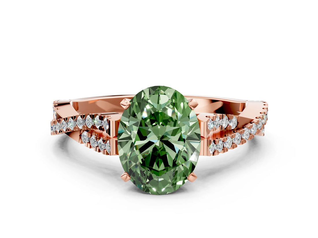 Rose gold Fancy Green Oval Cut Diamond Solitaire Engagement Ring with Twisted Pavé Band and Four-Prong Setting_44