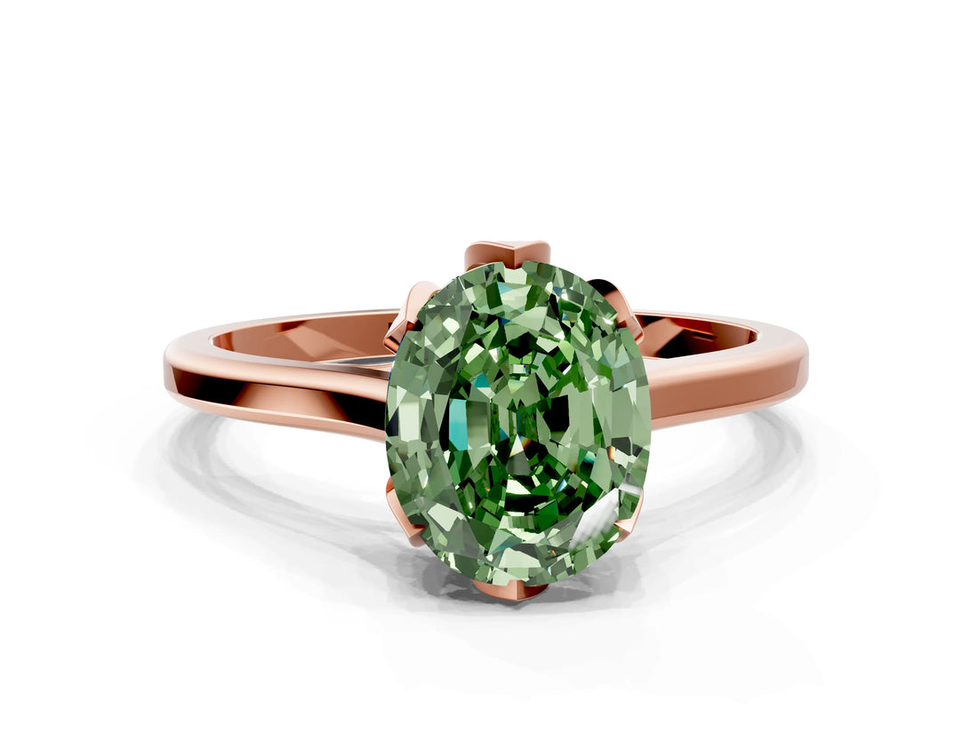 Rose gold Fancy Green Oval Cut Diamond Solitaire Ring with Flower Prong Setting and Classic Band_78