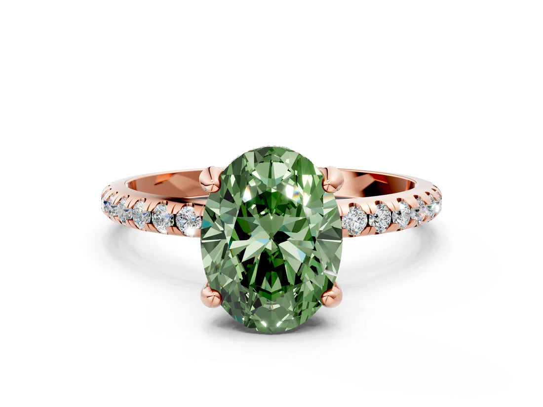 Rose gold Fancy Green Oval Cut Diamond Solitaire Ring with Four-Prong Setting and Pavé Band_3