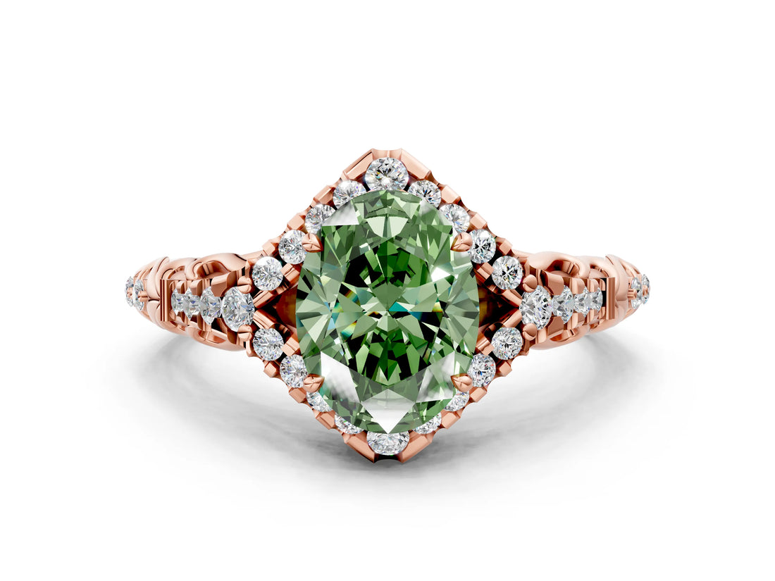 Rose gold Fancy Green Oval Cut Diamond Solitaire Ring with Hidden Halo and Pavé Band_27