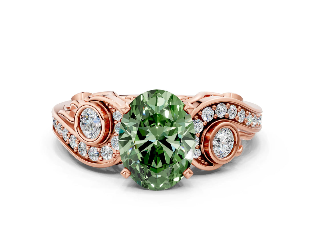 Rose gold Fancy Green Oval Cut Diamond Solitaire Ring with Milgrain Pavé Band and Four-Prong Setting_166