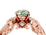 Rose gold Fancy Green Oval Cut Diamond Solitaire Ring with Milgrain Pavé Band and Four-Prong Setting_170